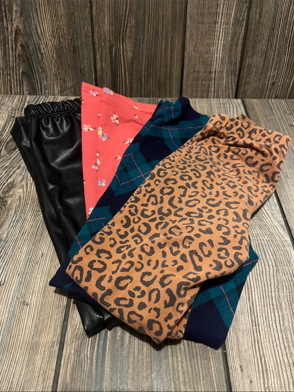 Mixed Pattern Leggings Bundle - Black Faux Leather, Coral Floral, Plaid, Animal